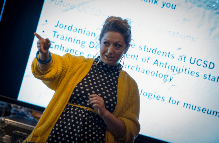 Ashley M. Richter presenting recent results of laser scanning work in Jordan to HRH Prince Mired Al-Hussein of Jordan at Calit2. Photo credit belongs to the fabulous Alex Matthews of Calit2.