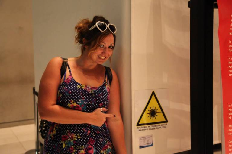 Ashley M. Richter getting over-excited about the on-going laser cleaning of the koure maidens at the Acropolis Museum of Athens. 