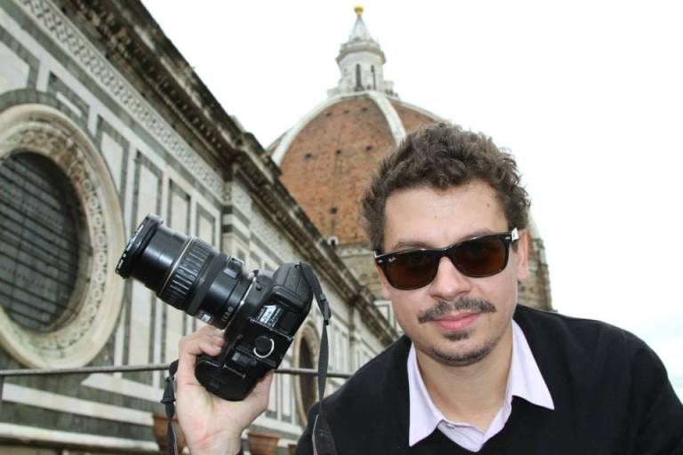 Vid Petrovic prepping for imaging the Baptistery roof from the front face of the Duomo Cathedral in Florence