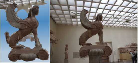 Model and Reality of the Sphinx of Delphi at the Delphi Archaeological Museum in Greece. 